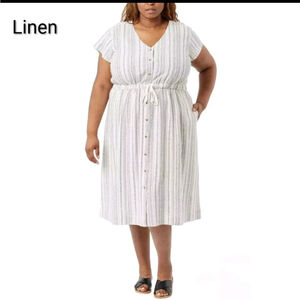 Women's BRIGGS Plus Size XXL White Black Striped Linen Blend Midi Dress Curvy